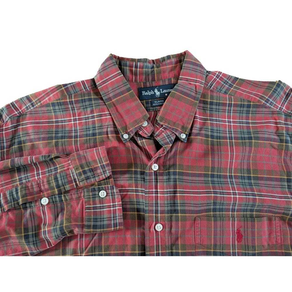 Vintage 90s Ralph Lauren Blaire Shirt Men's L Plaid Button Down Red Pony Cotton